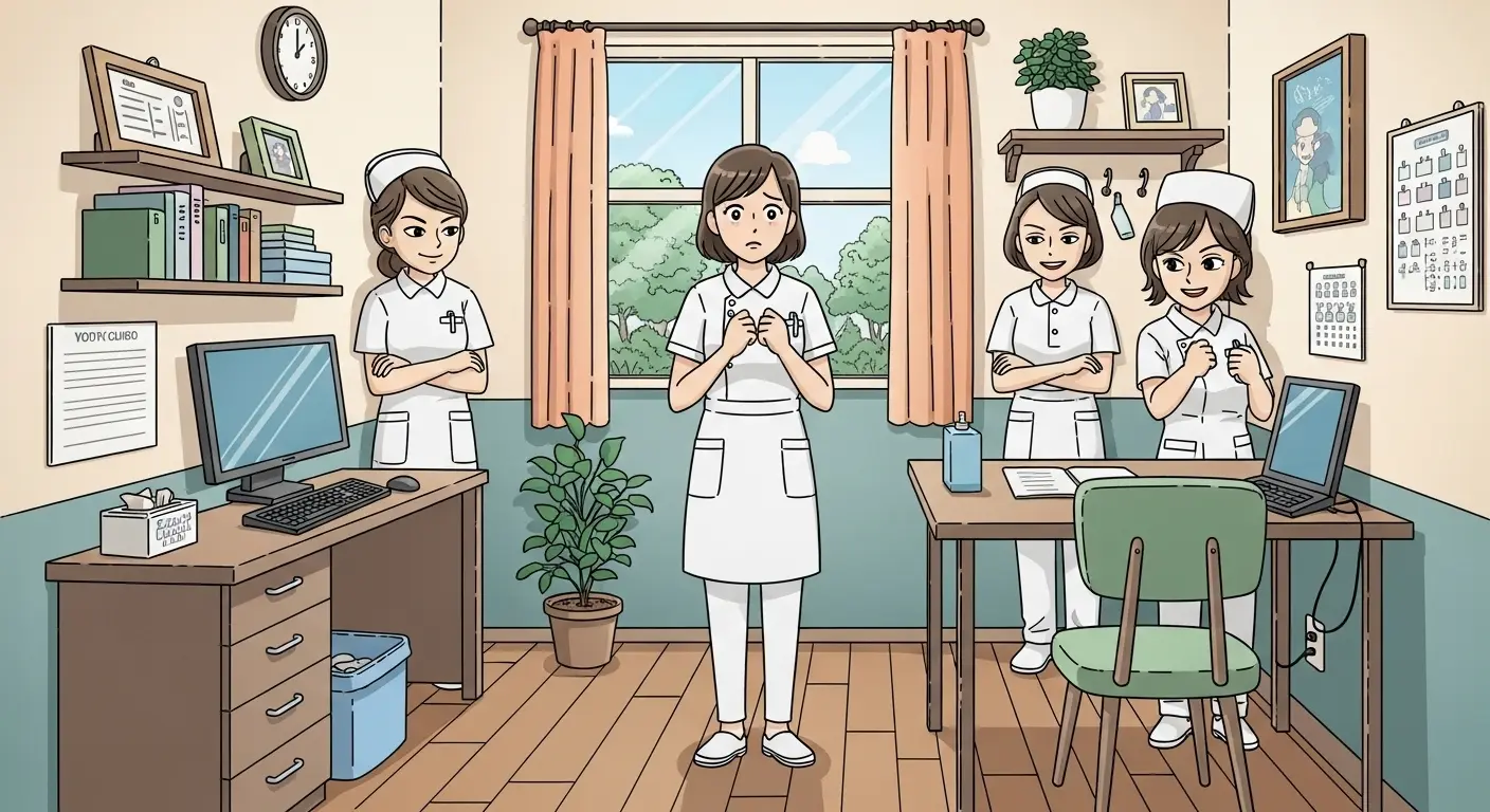 クリニックの人間関係に悩む看護師のイラスト