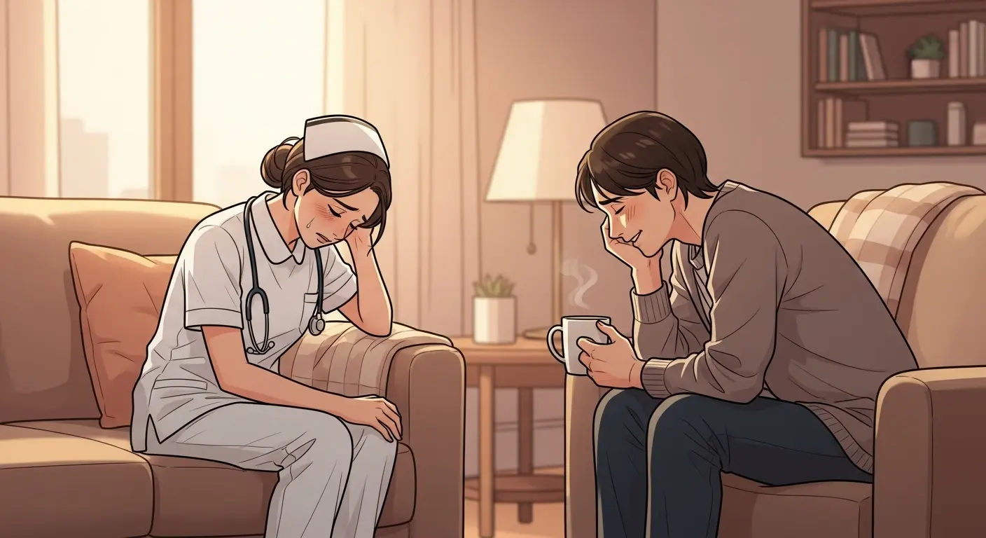 信頼できる人に悩みを相談する看護師のイラスト