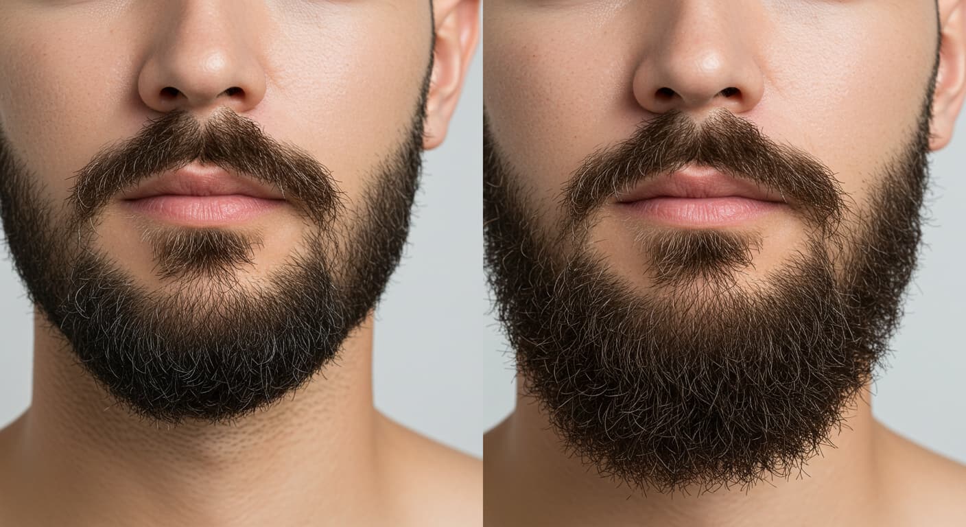 髭を整えた男性と、髭のない男性の顔のクローズアップ。男性の髭が与える印象、女性の本音、清潔感への影響を解説する記事のアイキャッチ。
