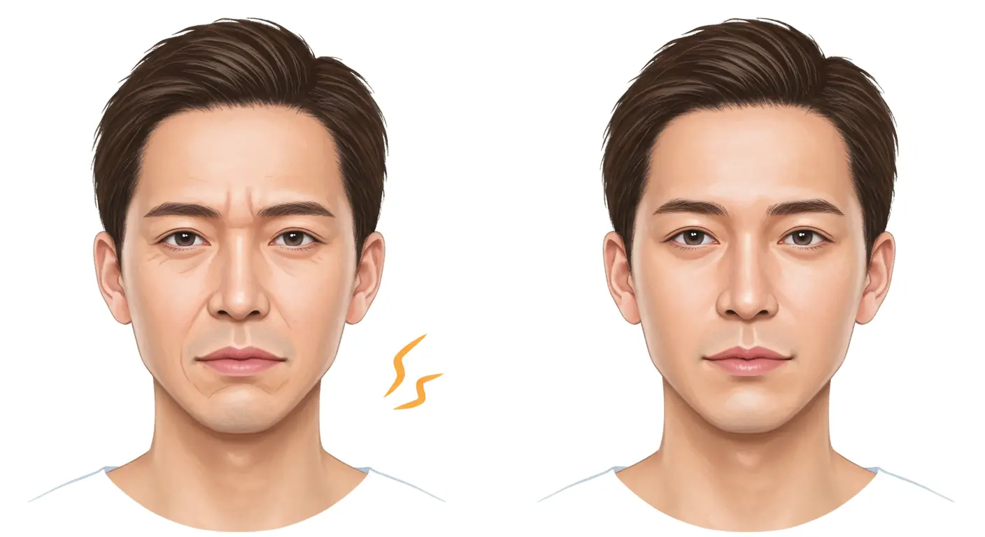 ほうれい線や目元のシワに悩む男性が、スキンケアによって若々しく自信に満ちた表情を取り戻す様子。メンズのシワ対策と改善を暗示する画像。