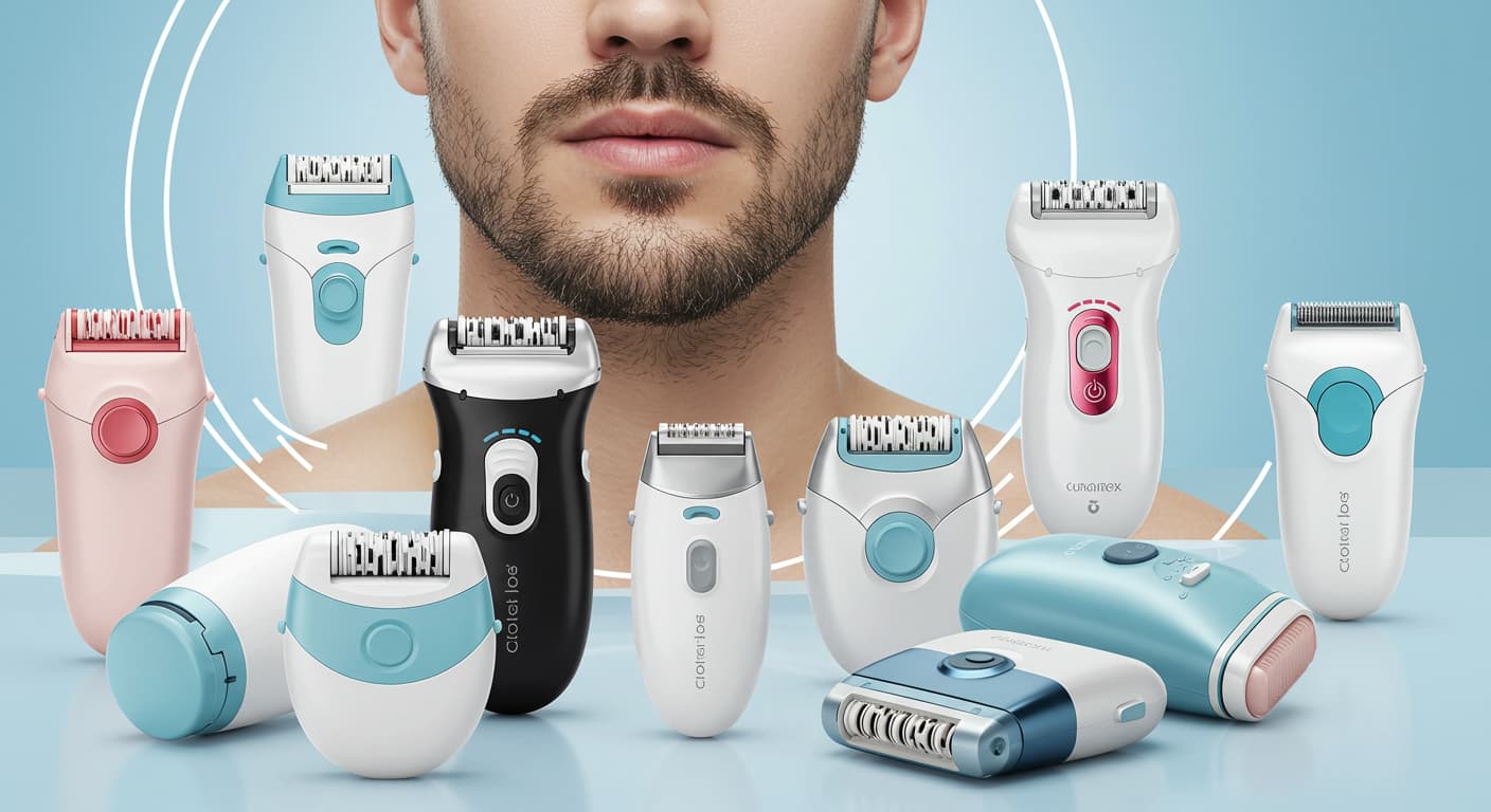 2025年の最新モデルを含む複数のメンズ家庭用脱毛器が並び、清潔感のある男性の肌が見える画像。青髭やVIOなど、男性のムダ毛悩みに効果的な脱毛器の選び方を解説する記事のアイキャッチ。
