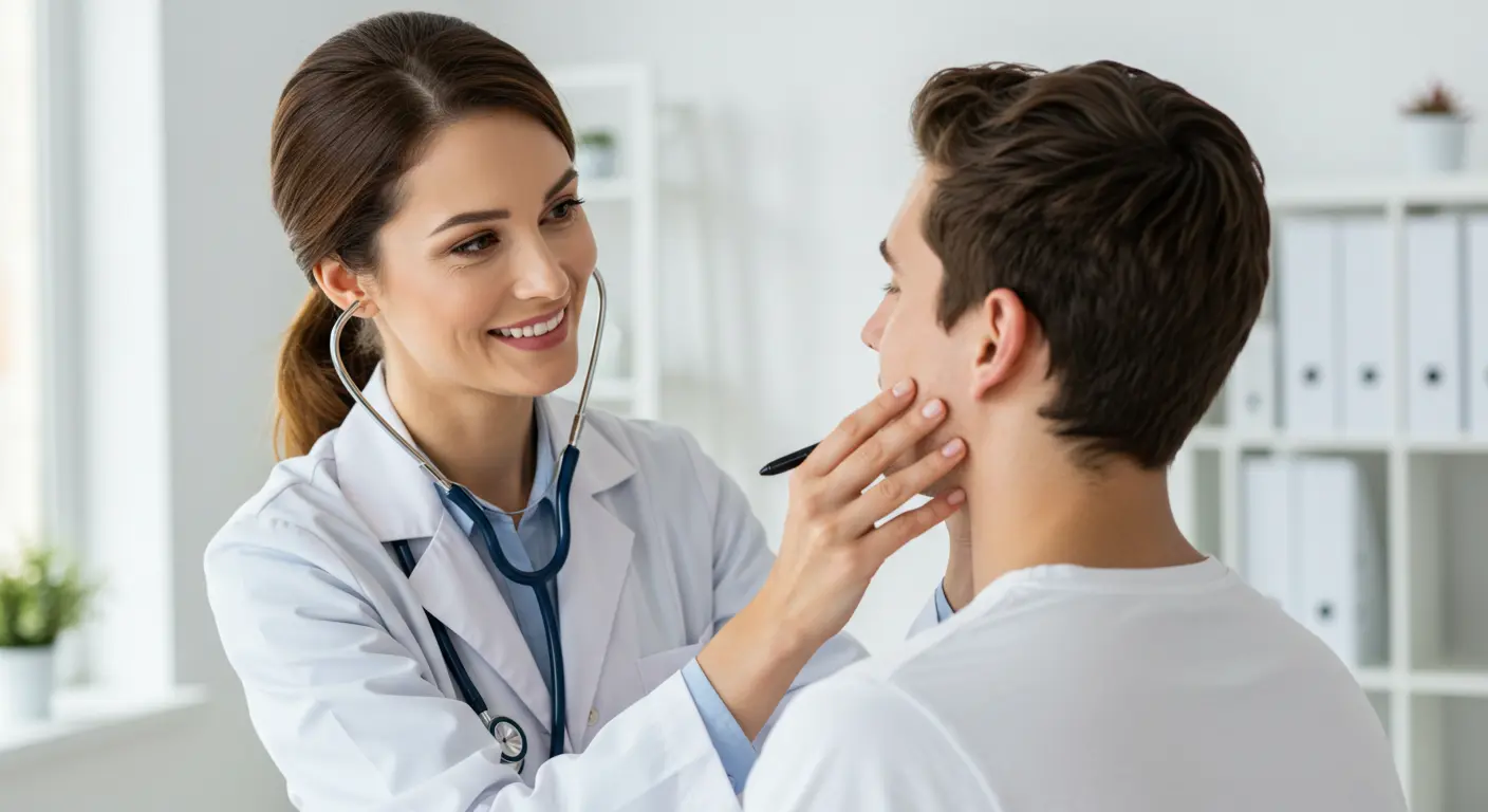 美容皮膚科医と笑顔で肌の状態を確認している男性の患者の画像。