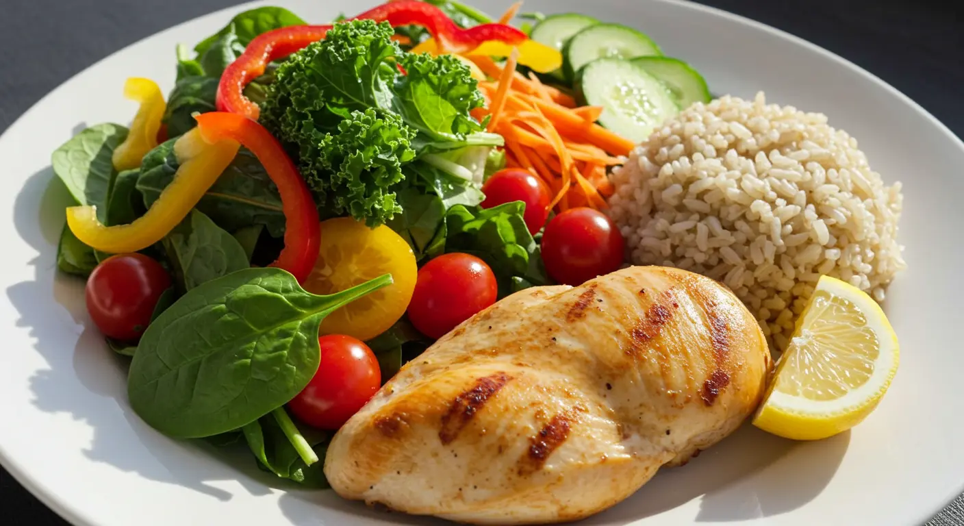 肌の健康に良い、色鮮やかで栄養バランスの取れた食事のイメージ。