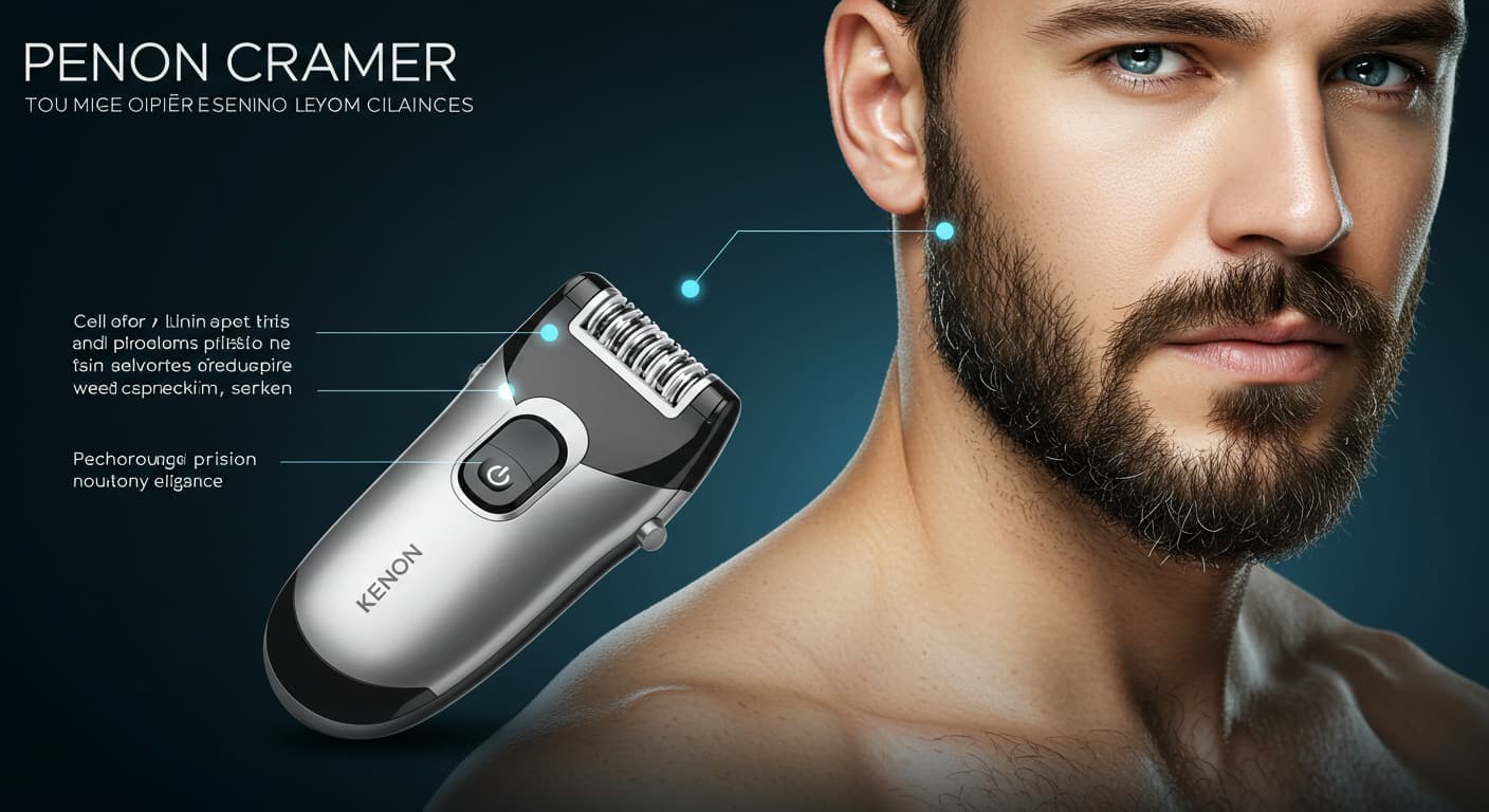 ケノンなどの男性用脱毛器と、髭が薄くなり清潔感のある男性の顎のクローズアップ。メンズ脱毛器の効果や使い方を解説する記事のアイキャッチ。