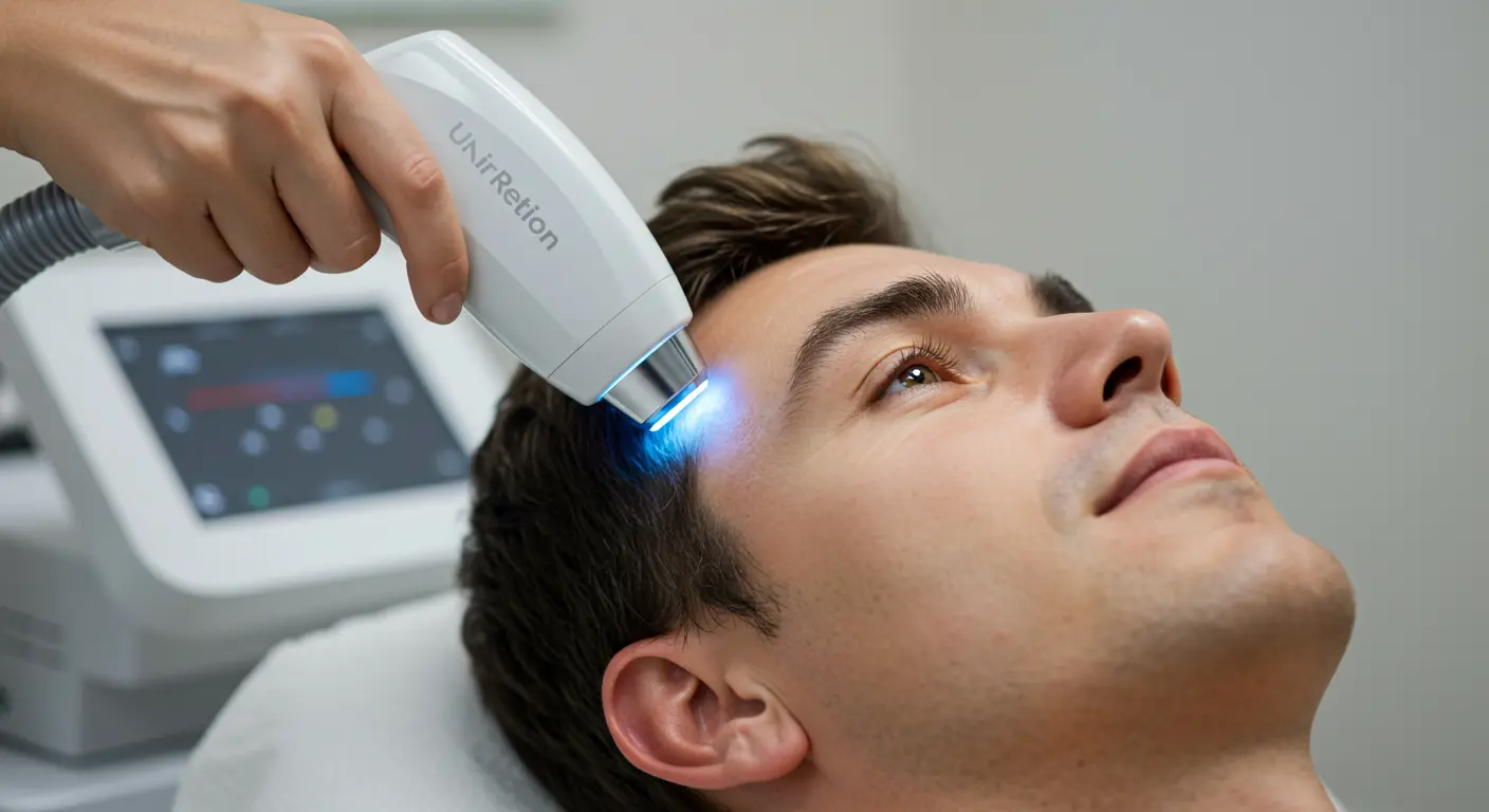 毛穴治療で使用されるレーザー治療機器と、施術を受けている男性の顔の画像。