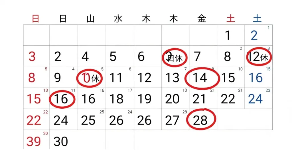 カレンダーで休日に赤い丸がついてる