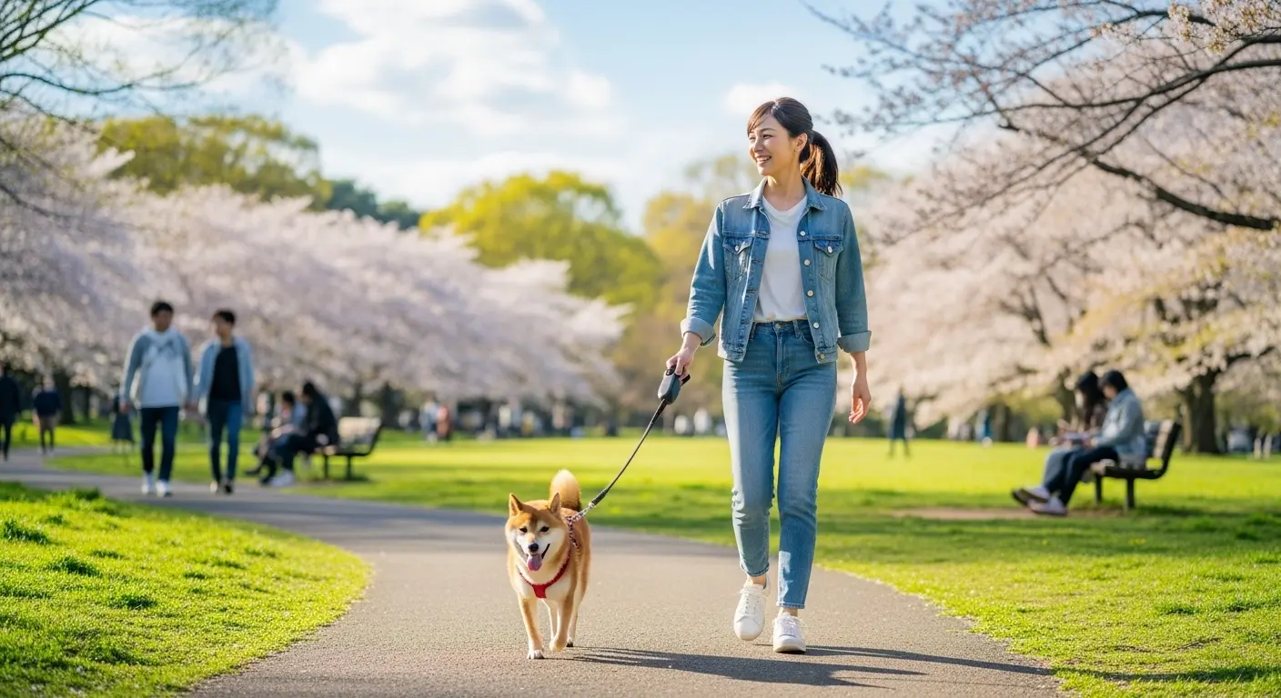 週末に犬の散歩を楽しむ女性の看護師。