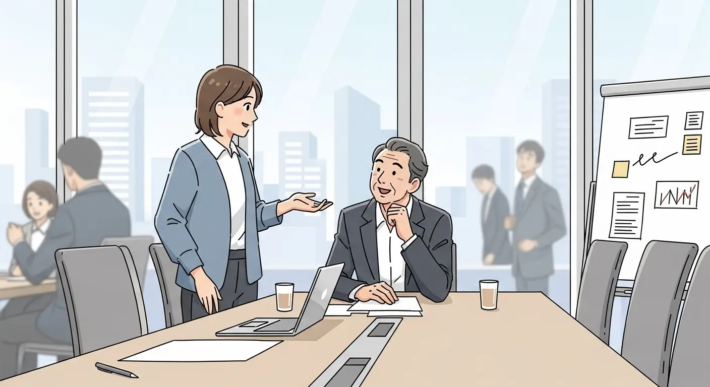 上司と会議室で円満に話し合っている様子のイラスト