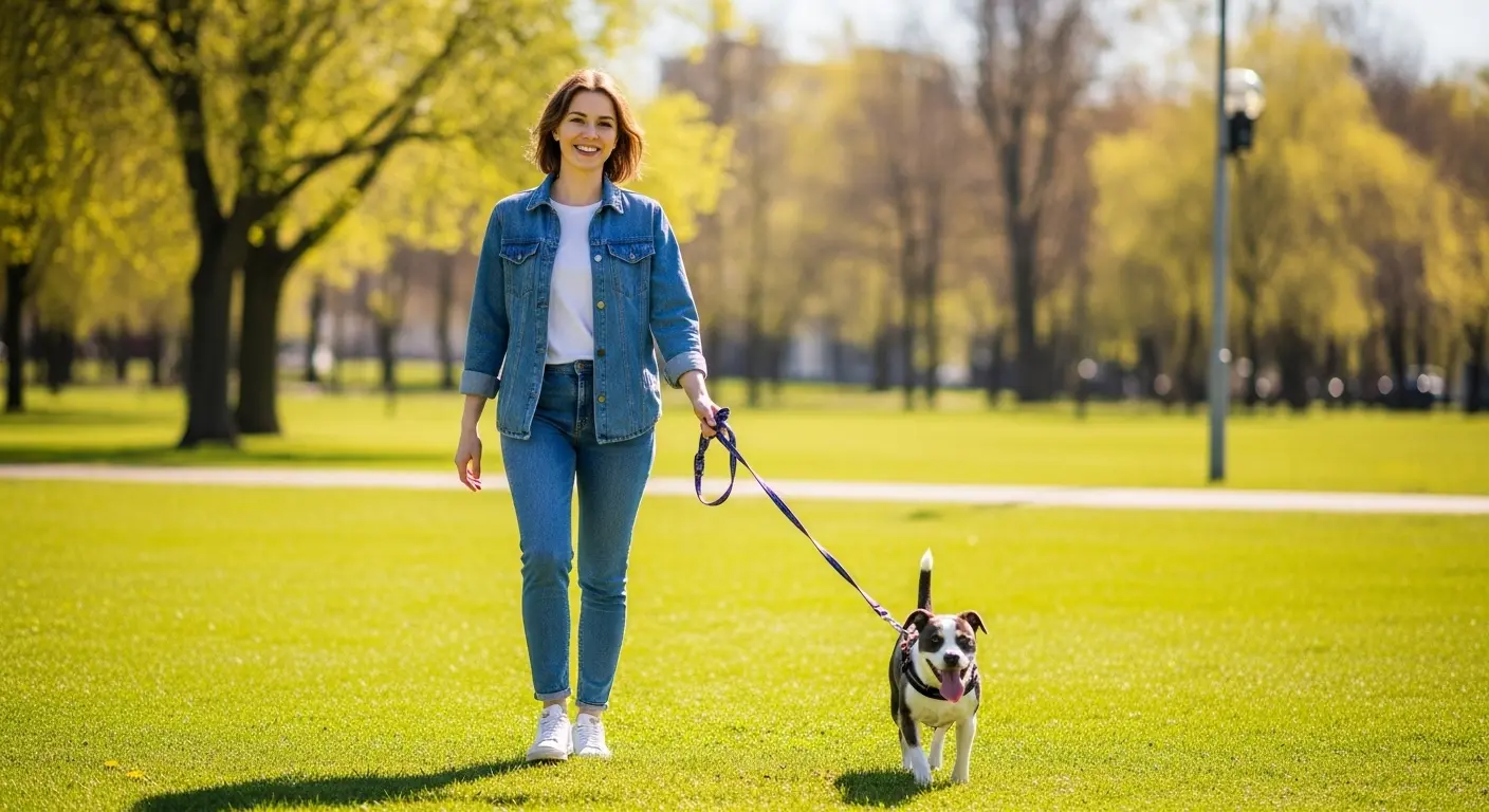 週末に犬の散歩を楽しむ女性の看護師。