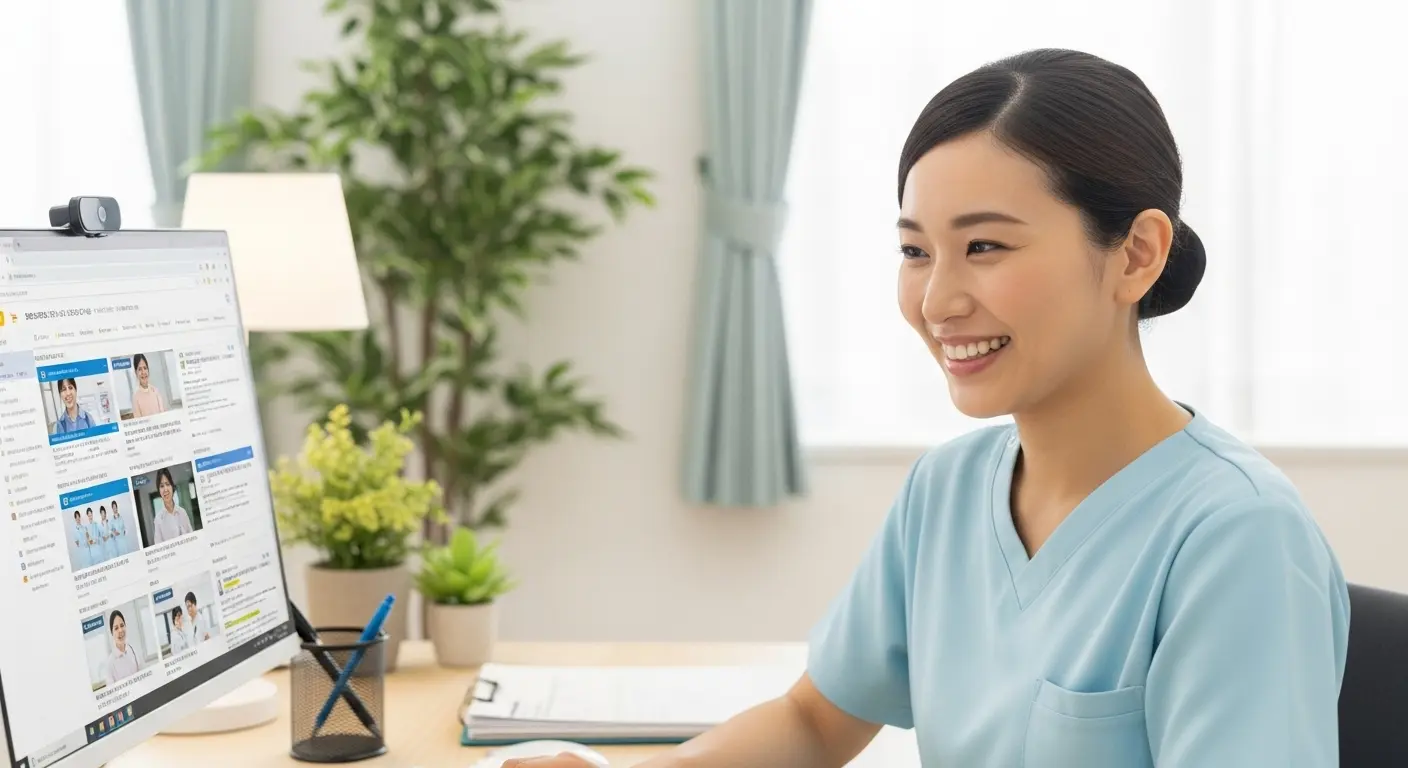 パソコンで転職サイトを検索する看護師。