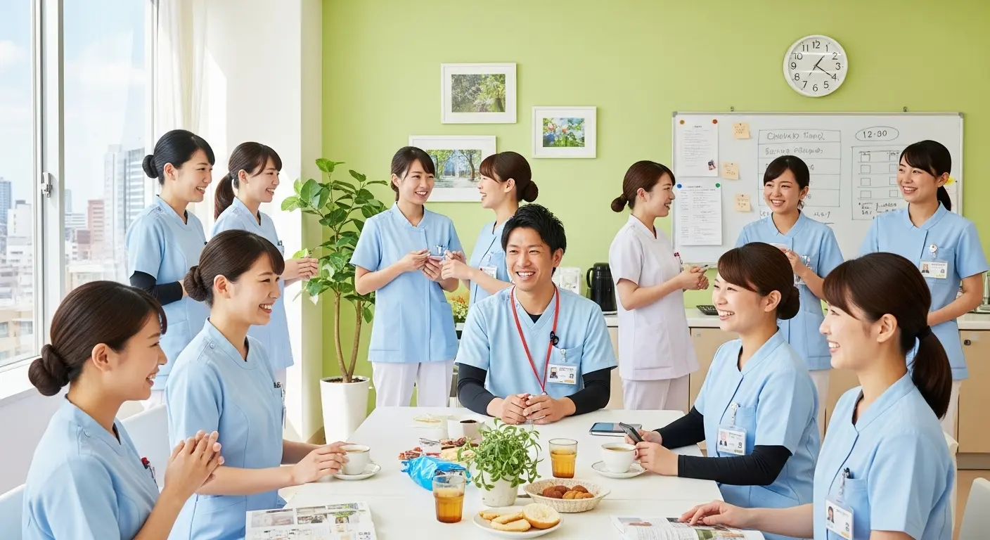 休憩室で笑顔で会話する看護師たち。