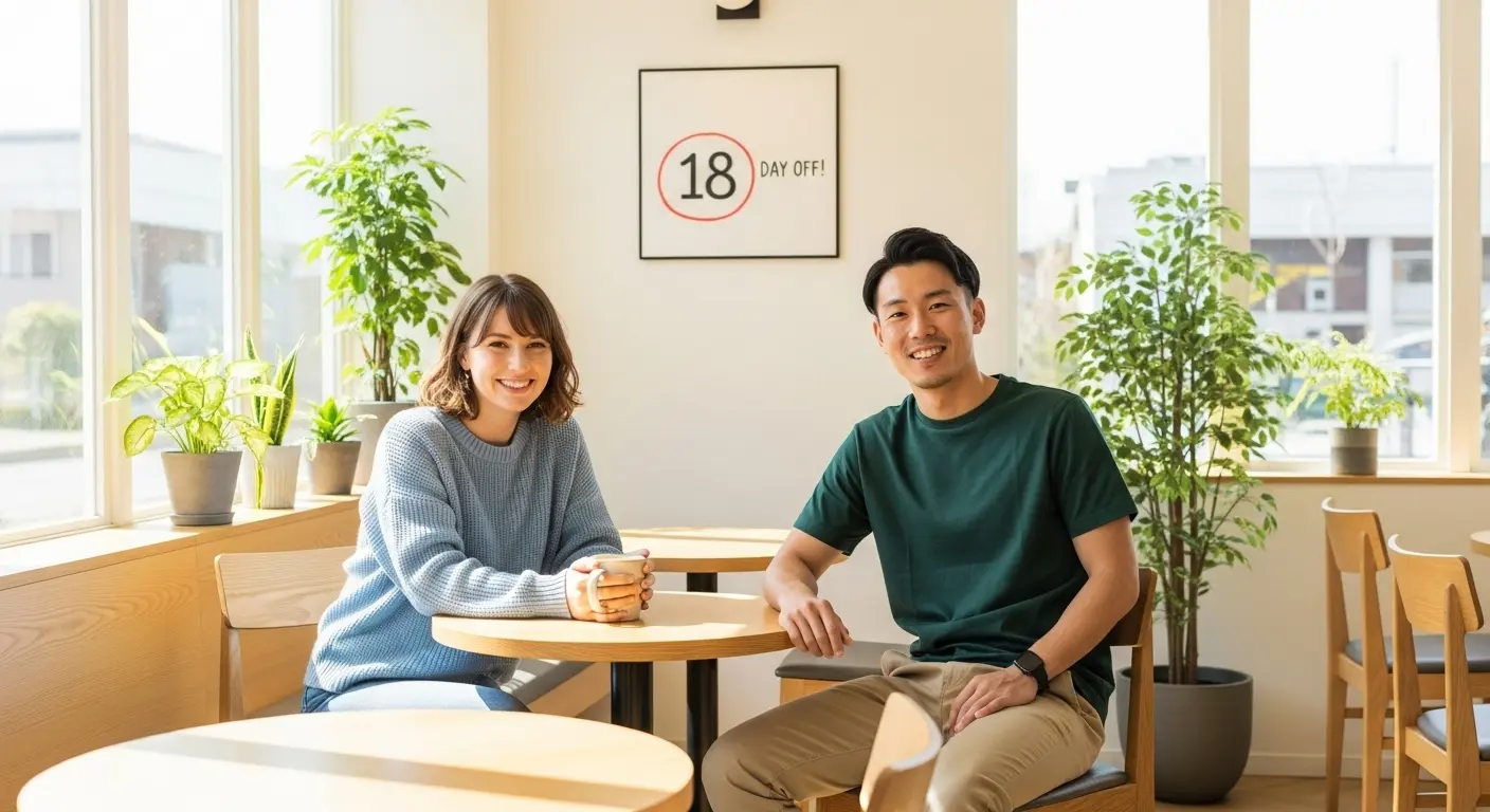 笑顔でカフェでくつろぐ男女の看護師。年間休日120日以上を象徴するイメージ。
