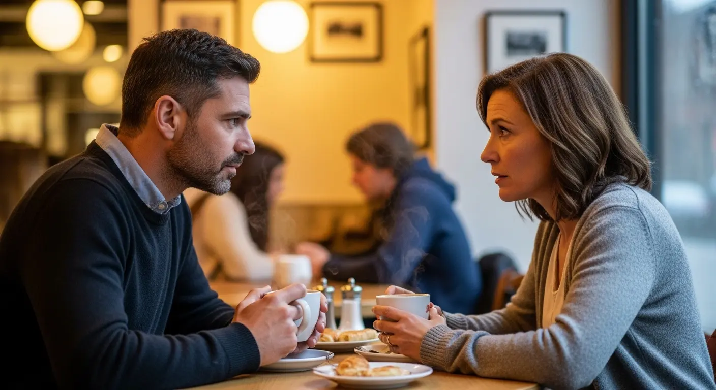 カフェで真剣に話す40代の夫婦。