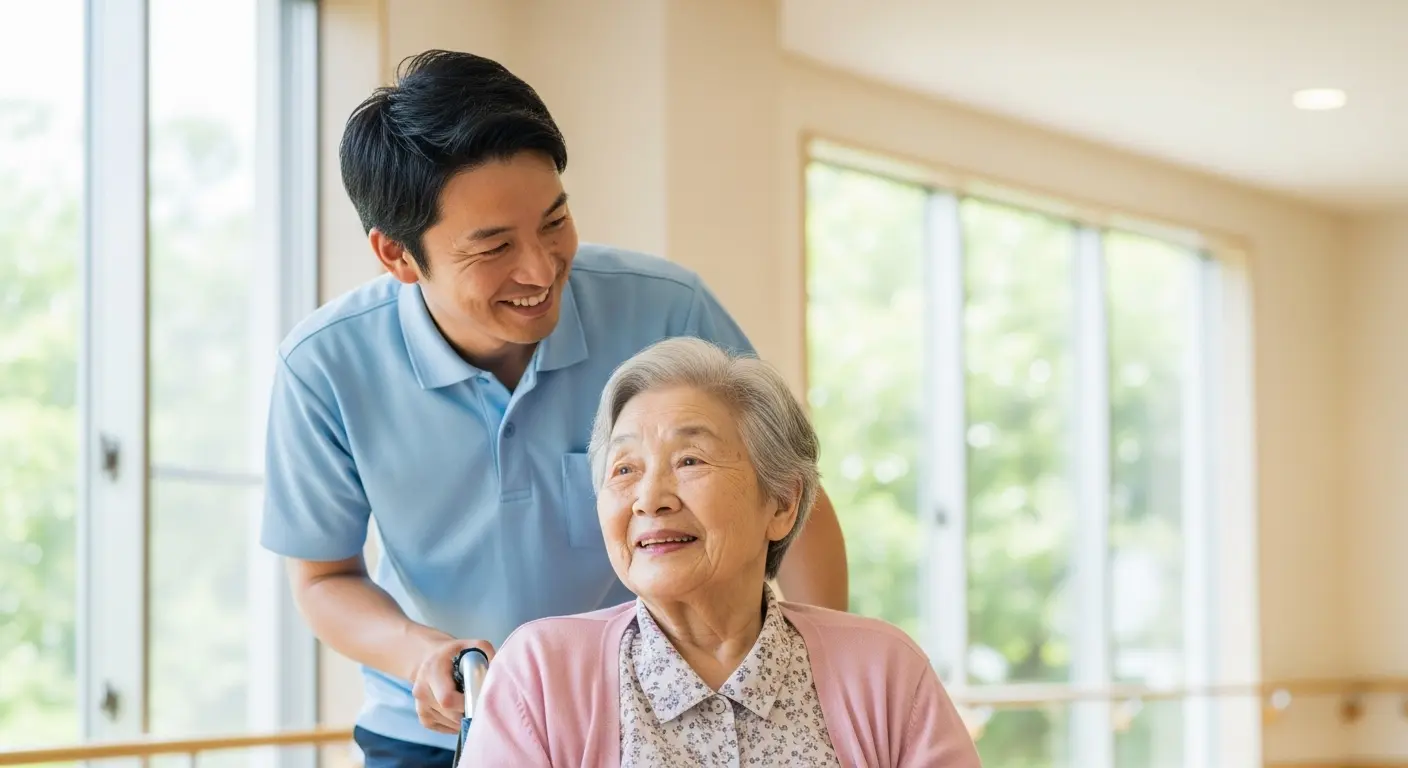 40代の男性が笑顔で高齢女性の車椅子介助を行い、介護の仕事のやりがいを示唆する画像。