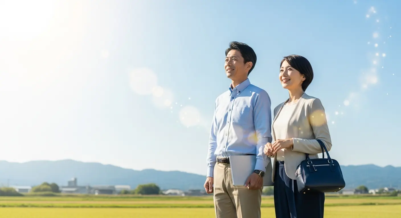 40代の男女が転職の成功を示唆する晴れやかな表情で未来を見つめている画像