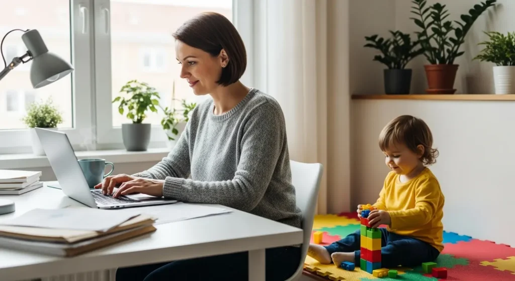 自宅で仕事と子育てを両立する40代の女性。