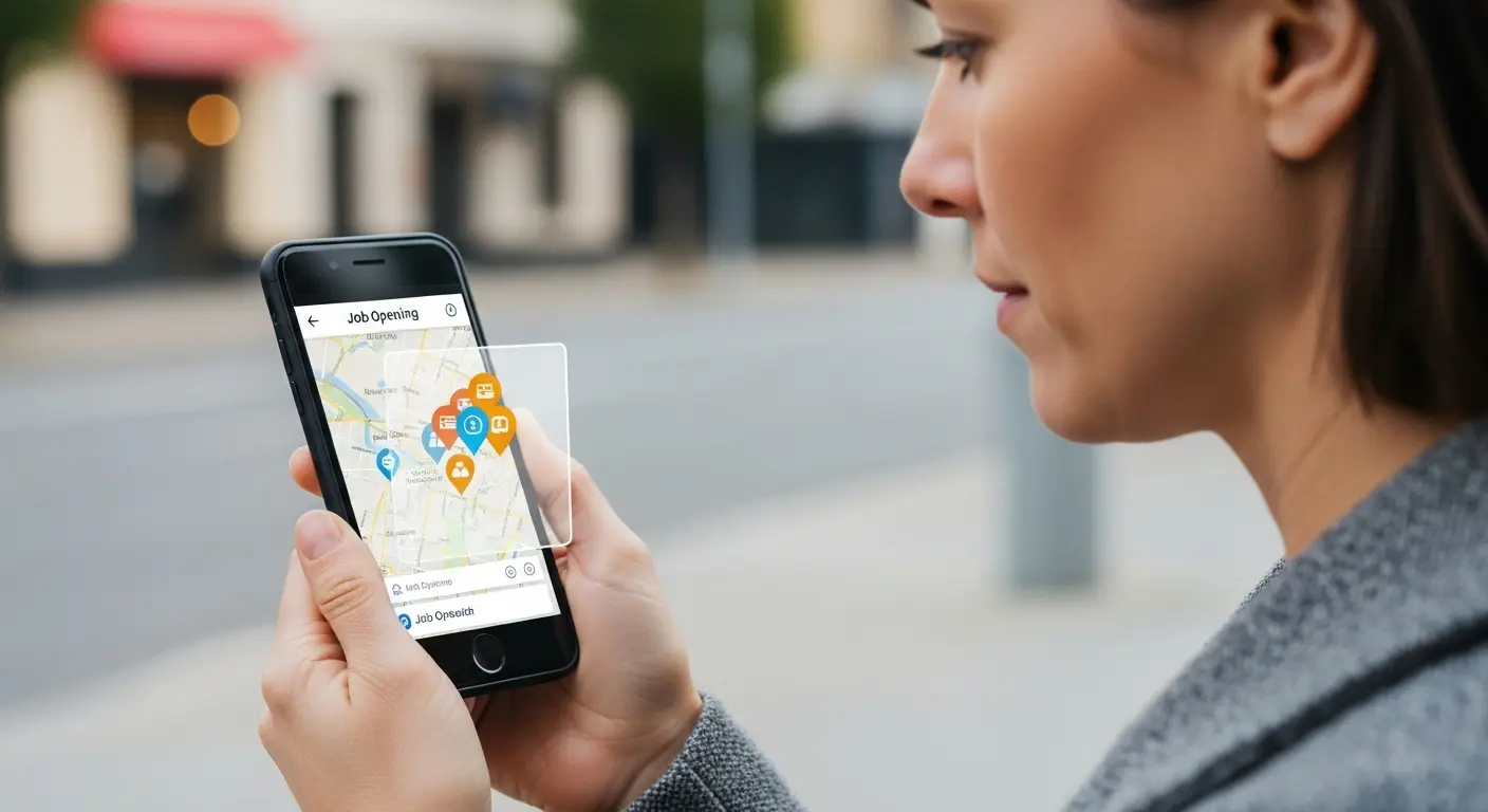 40代の人がスマートフォンの地図で地元の介護求人を検索している様子。