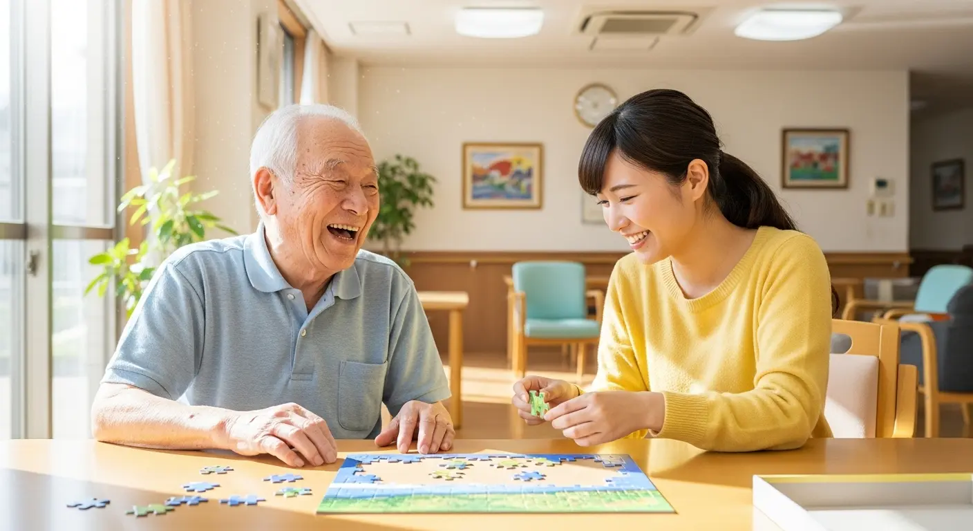 介護施設で笑顔でパズルを楽しむ高齢男性と介護職員の様子。