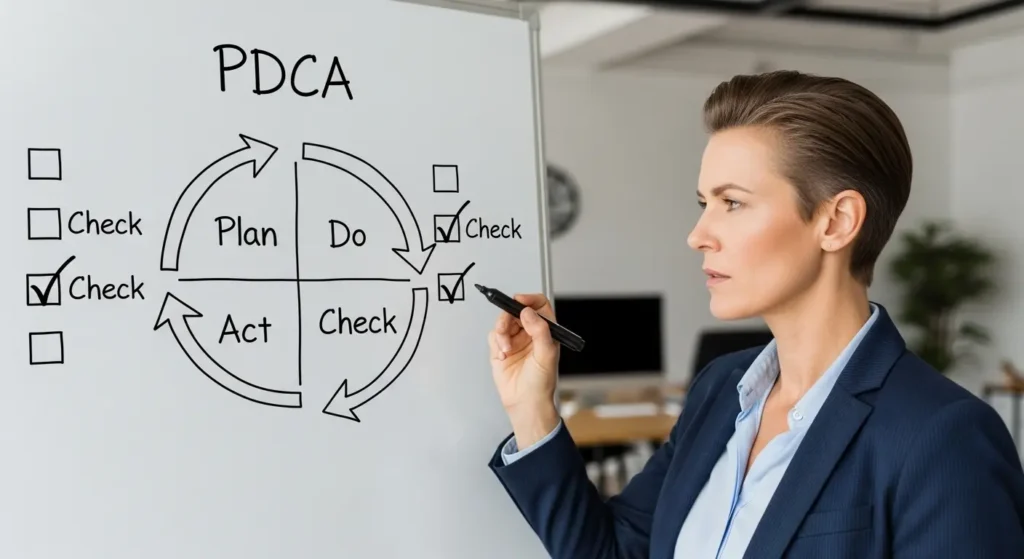 40代の人が転職活動のPDCAサイクルをチェックし、改善点を見つけようとしている様子。